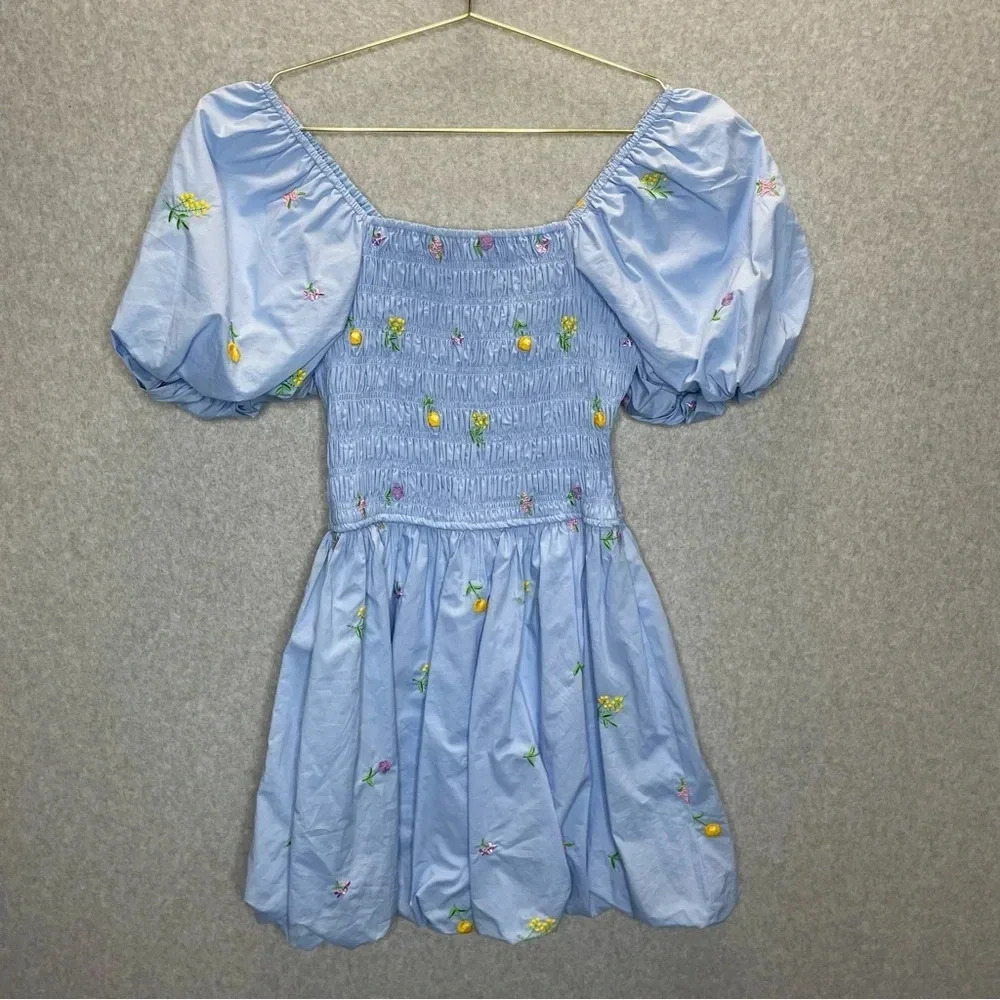 English Factory Floral Embroidery Cotton Puff Sleeve Mini Dress - Picture 5 of 9